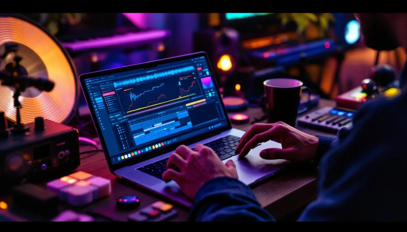 Producer at his laptop building a music project on a DAW