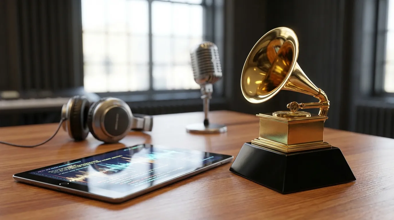 an award, ipad, microphone, and headphones sit on a table in a well lit office