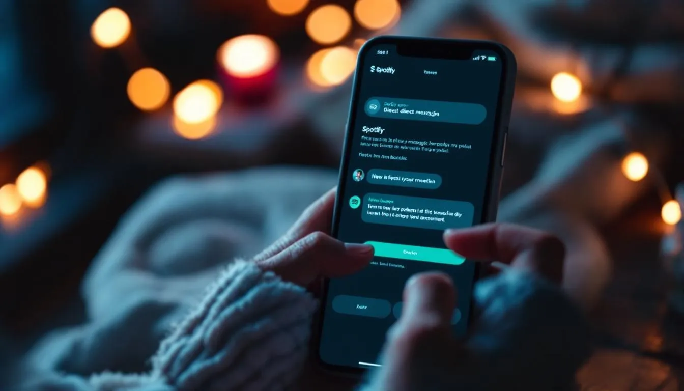 A cellphone in someones hand, with spotify's messaging service on screen