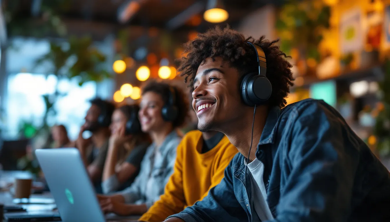 a man with headphones on, and a giant smile, enjoying spotify hiFi audio with friends