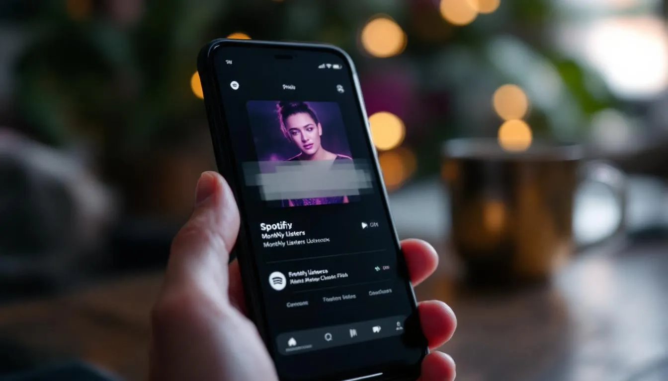 Image of a Cell phone in someone's hand. Spotify is on the screen, with the monthly numbers blurred out.