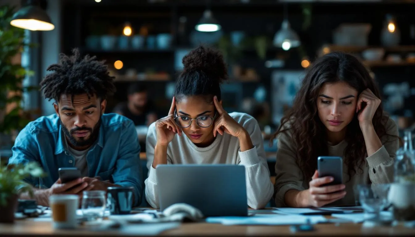 3 frustrated artists, sitting at a table with a laptop, unsure how to properly use their social media accounts properly.