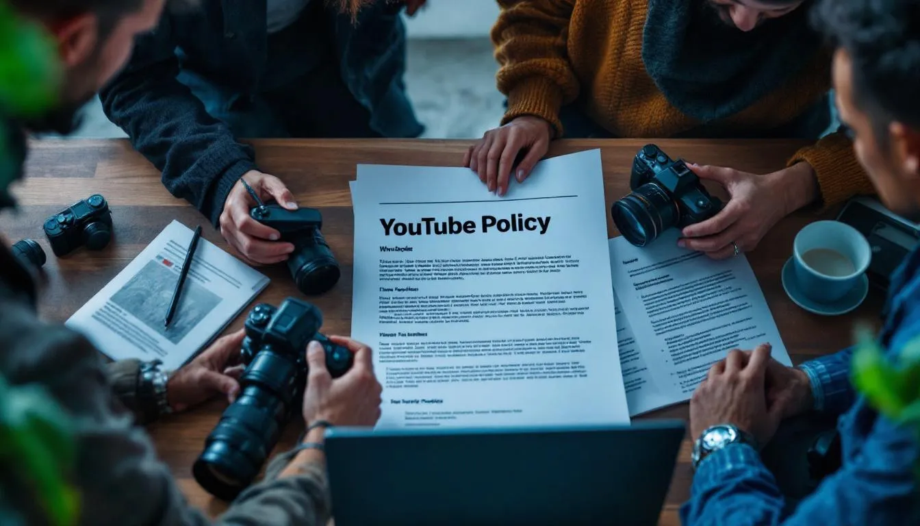 Image of people around a desk, with a YouTube Policy form on top. People's hands, and some cameras are also visible. 