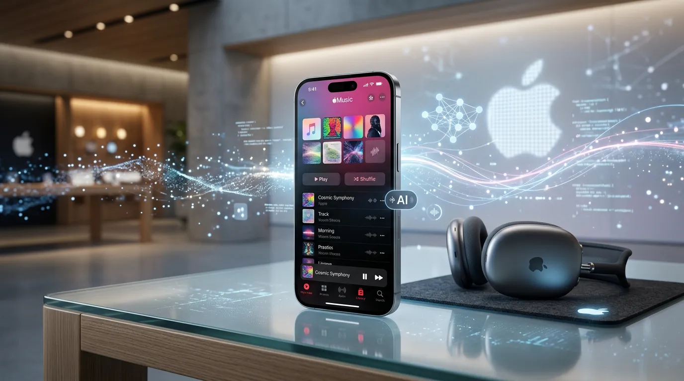Sparkling phone on a clean glass counter, showing Apple's new AI Transparency Tags on the screen