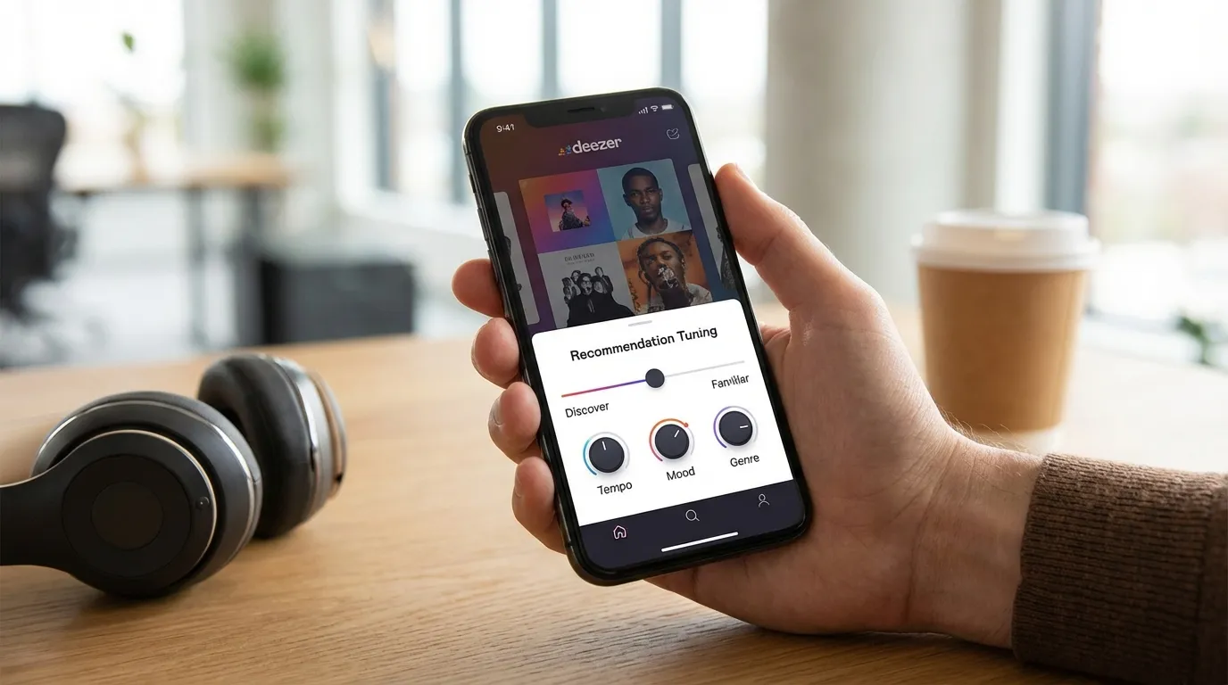 Cell phone in a hand, on screen is the Deezer tuning feature.