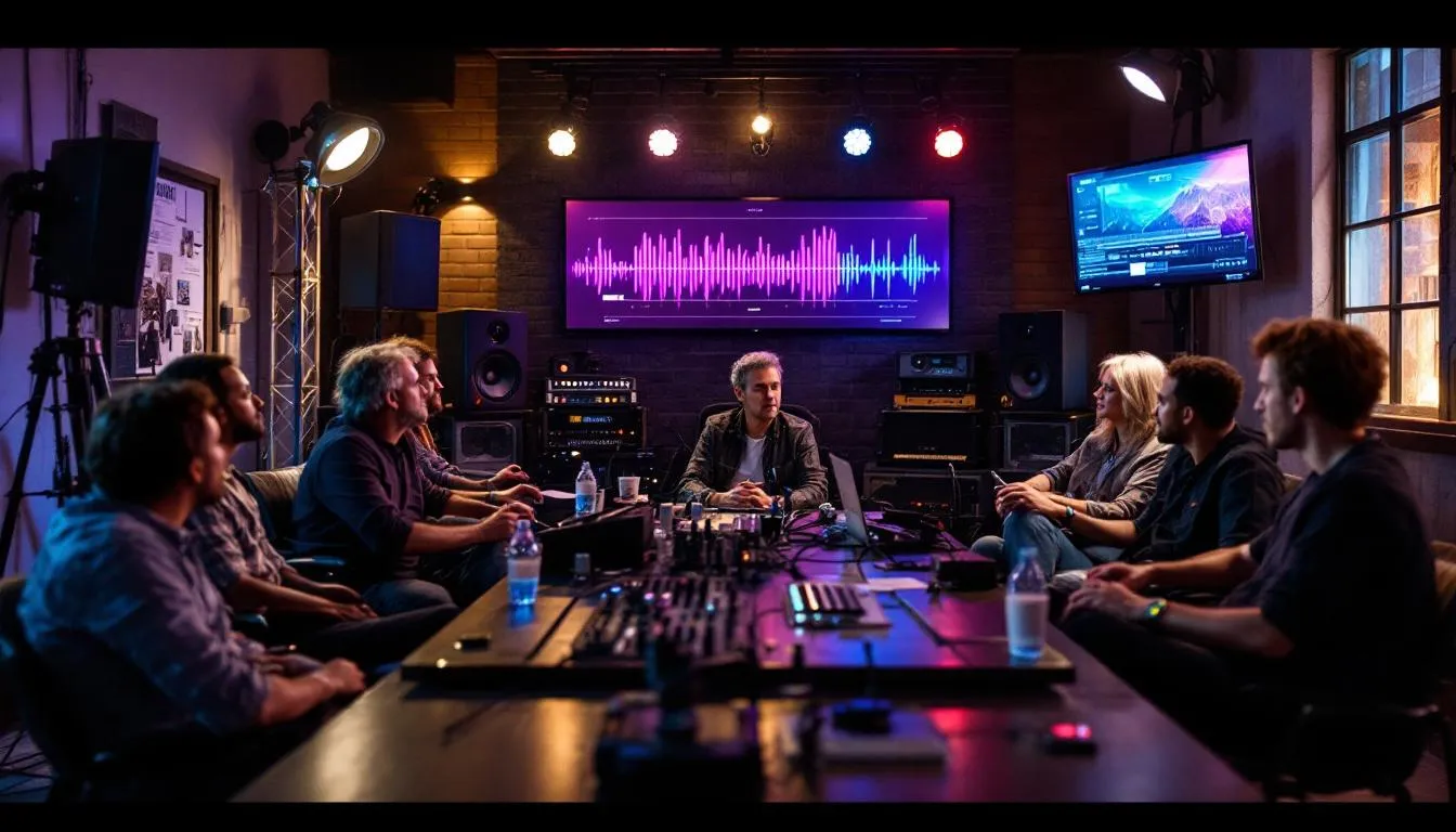 Team sitting around table discussing AI in music. A tv screen shows a colourful waveform on the screen