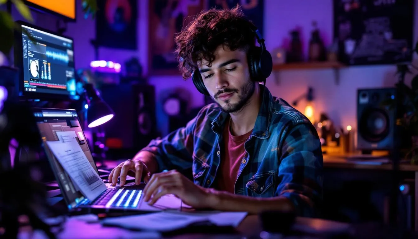 An stubbled artist sits in a purple lit room, preparing his marketing plan for his next release.