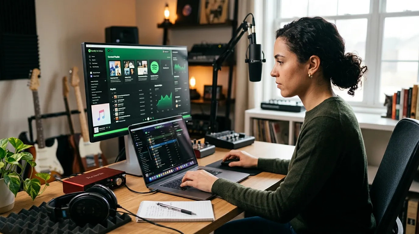 Woman at her computer, working on her spotify dashboard