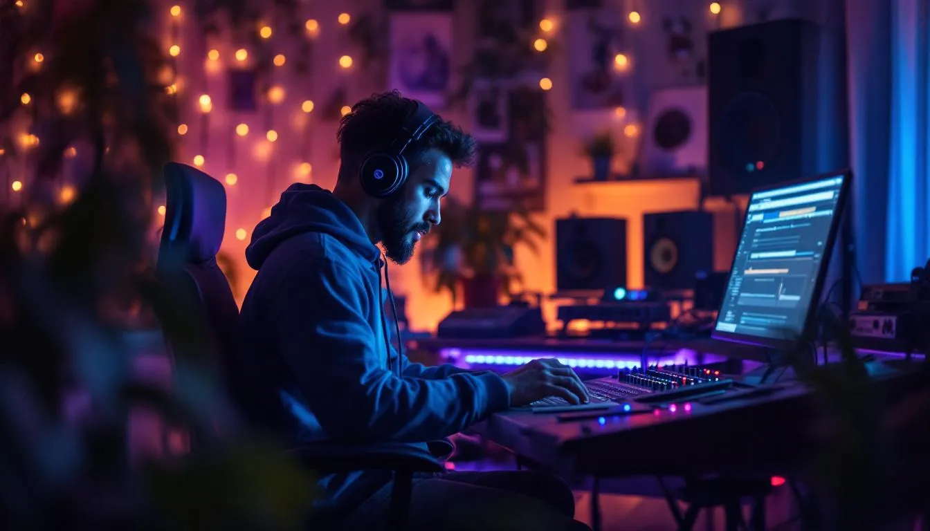 A man working in a studio on LANDR's Reason software.