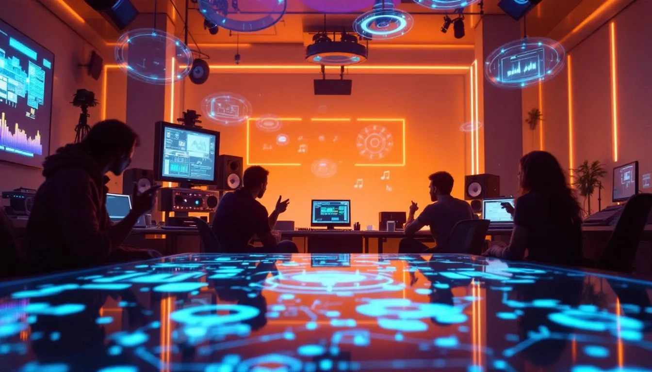 group of artists in an orange lit room working along side AI to create music