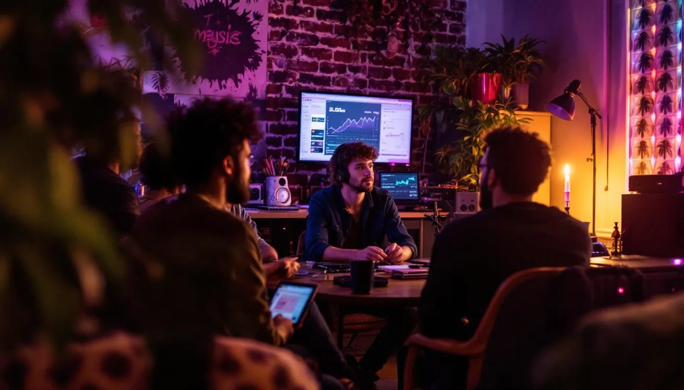 Group sitting in a pink lit room, discussing their 2026 release strategy